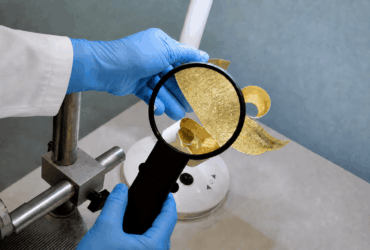 Inspection à la loupe d’un revêtement métallique avec des gants de laboratoire