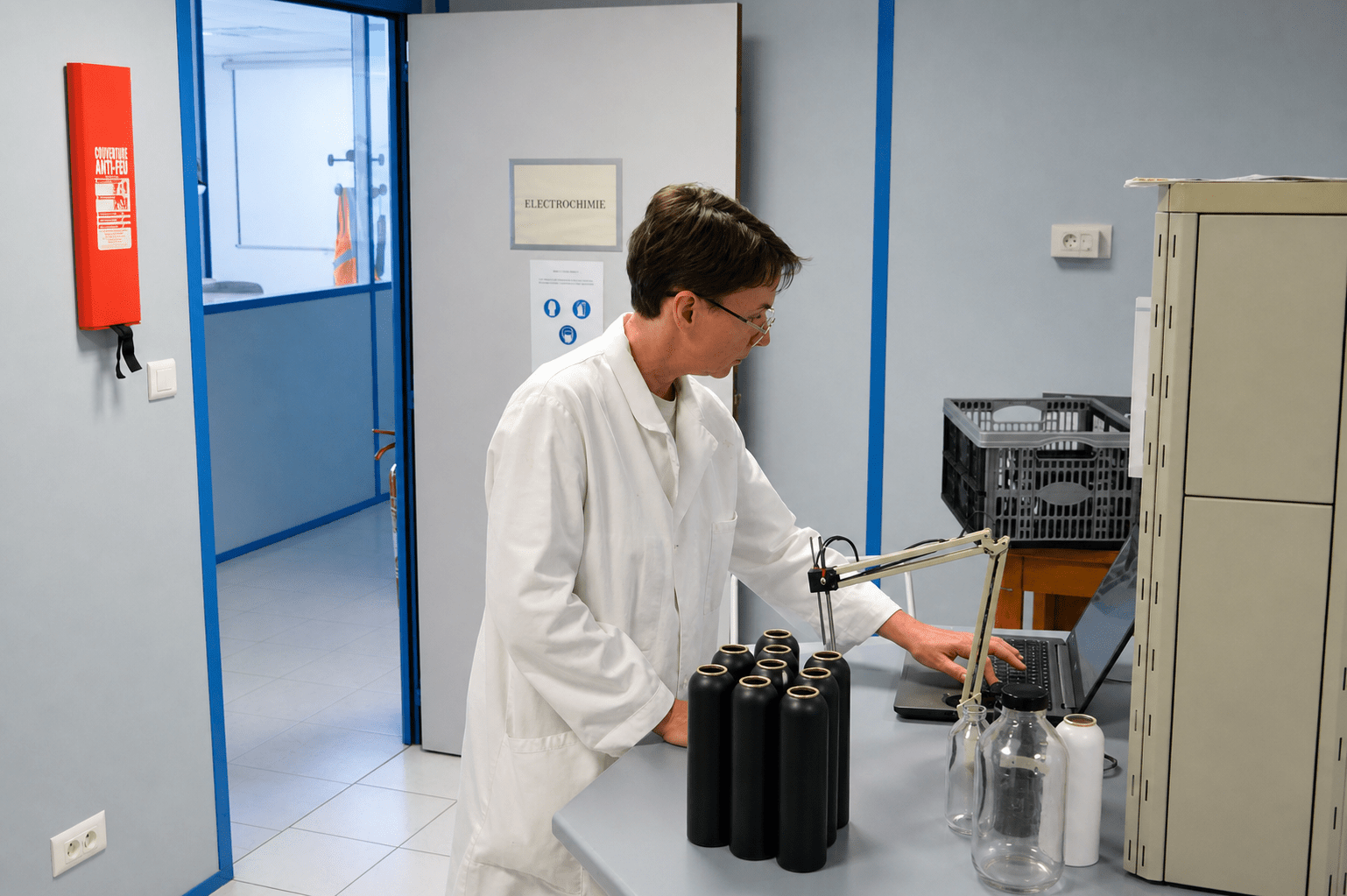 Technicienne du LEREM travaillant sur des aérosols au laboratoire d’électrochimie